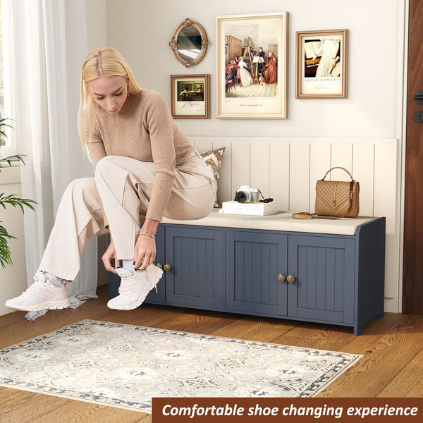 48.4" Shoe Storage Bench with Cushion & 4 Doors — Blue