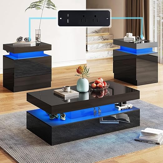 3-Piece LED Coffee Table Set with End Tables & Charging Station