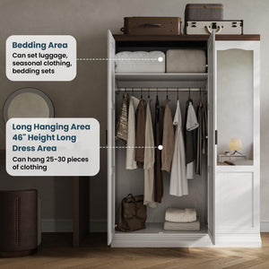 3-Door Wardrobe Closet with Mirror, Hanging Rods & Shelves – White Bedroom Armoire