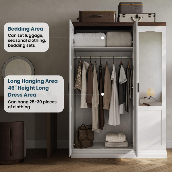 3-Door Wardrobe Closet with Mirror, Hanging Rods & Shelves – White Bedroom Armoire