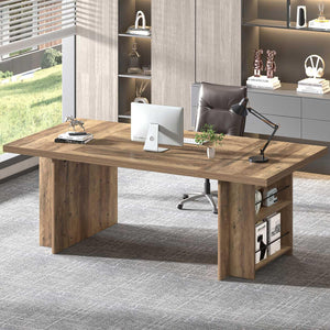 70" Large Executive Desk with Storage Shelves, Industrial Wood
