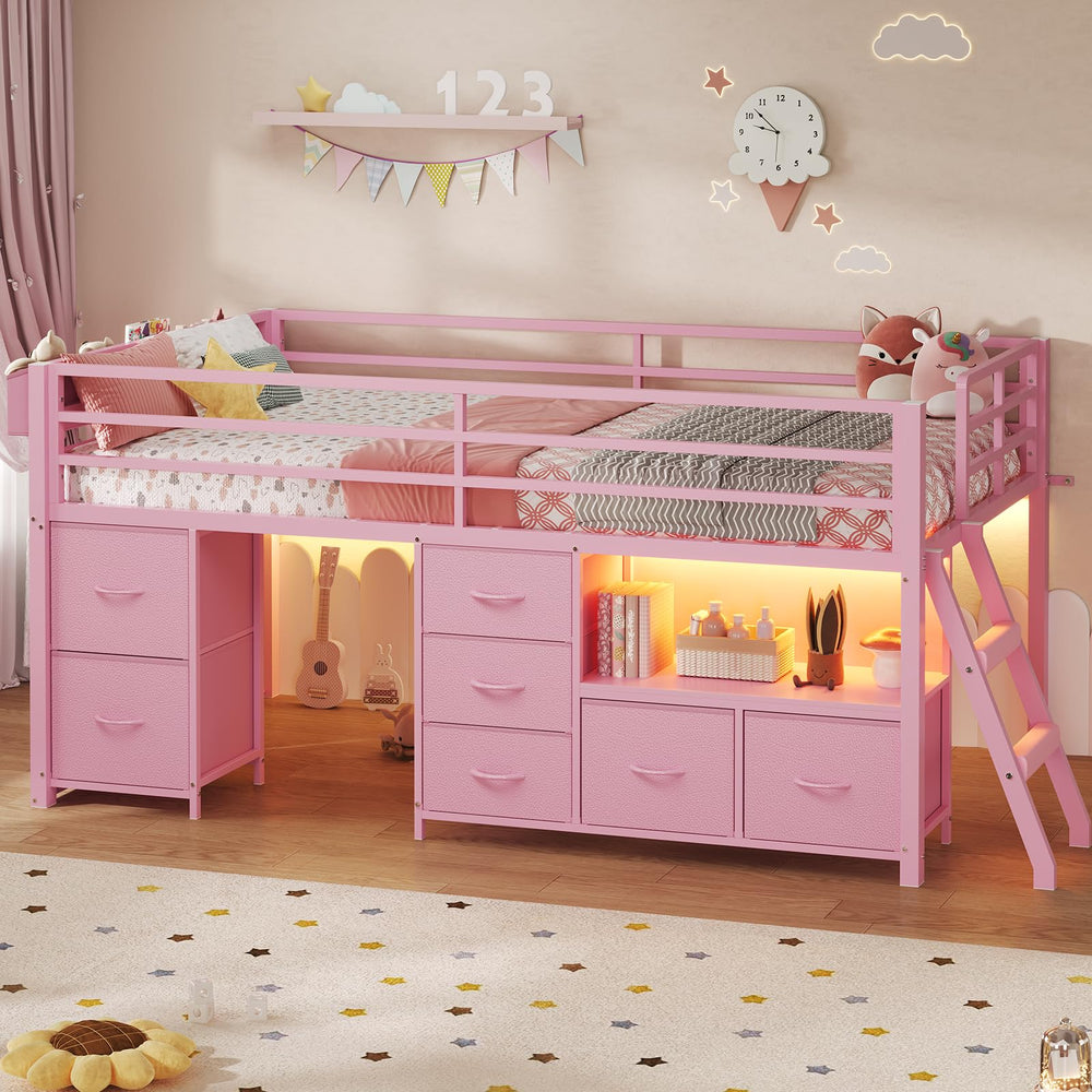 Low Loft Bed Twin Size with Storage Drawers, Bookcase and LED Lights