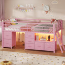 Low Loft Bed Twin Size with Storage Drawers, Bookcase and LED Lights
