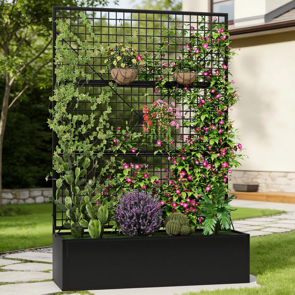 Metal Raised Garden Bed with Trellis & Privacy Screen – Outdoor Planter Box
