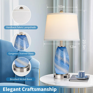 Blue Glass Table Lamps Set of 2 with USB Charging & 3-Way Lighting