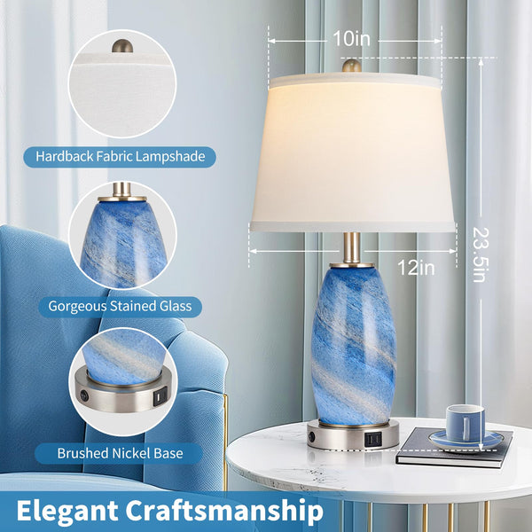 Blue Glass Table Lamps Set of 2 with USB Charging & 3-Way Lighting