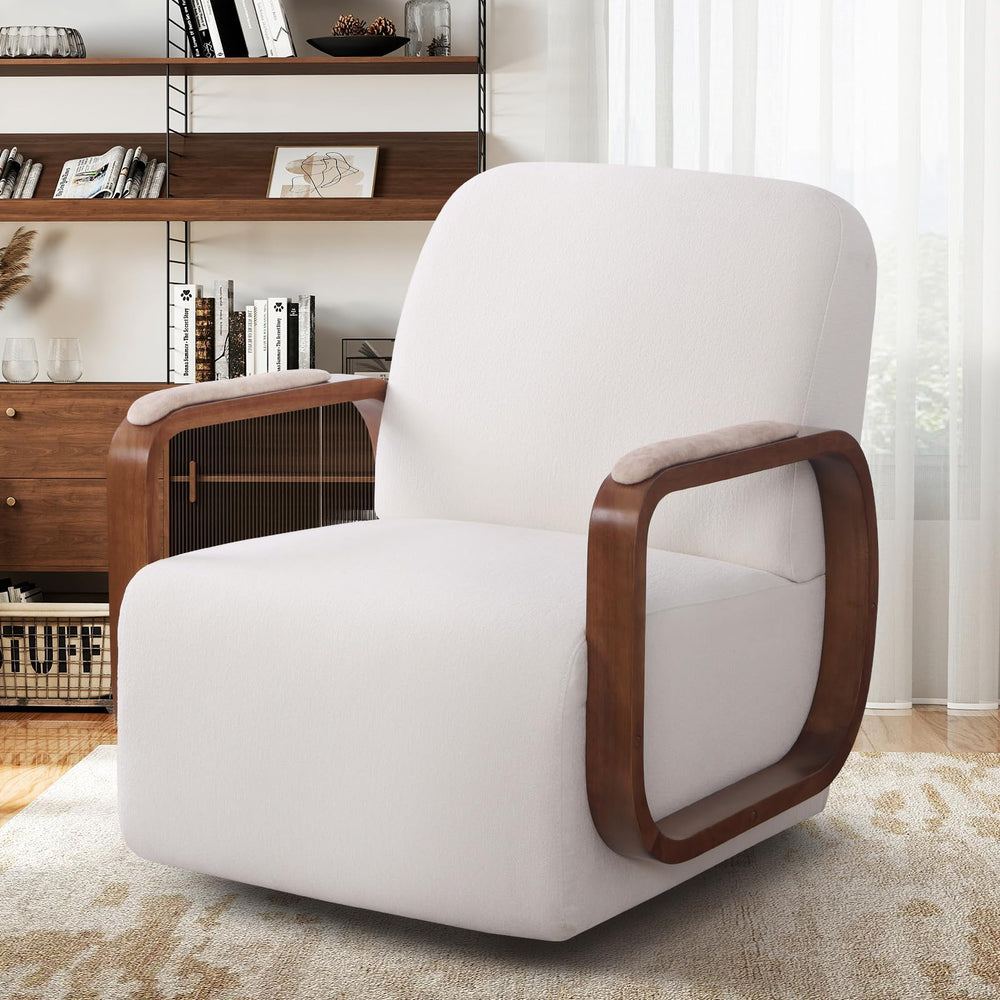 Swivel Accent Chair with Solid Wood Base & Chenille Fabric