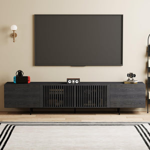 94" Mid-Century Modern Black TV Stand with Wood Slatted Doors & Metal Base