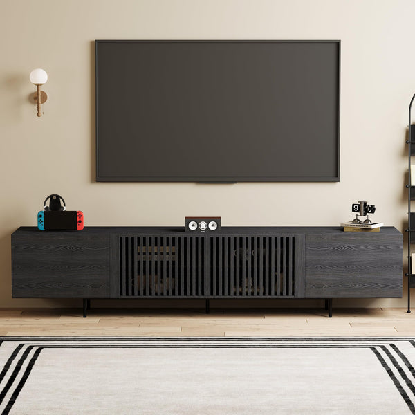 94" Mid-Century Modern Black TV Stand with Wood Slatted Doors & Metal Base