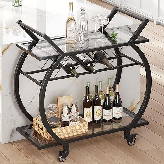 2-Tier Glass Bar Cart with Wheels and Wine Rack