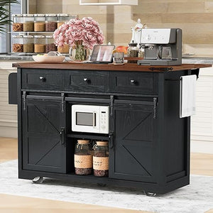 Farmhouse Kitchen Island with Power Outlet & Drop Leaf