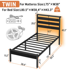 Metal Platform Bed Frame with LED Lights, USB Charging & Storage Headboard