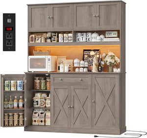 Tall Kitchen Pantry Cabinet with LED & Charging Station