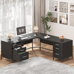 L-Shaped Corner Desk with 6 Drawers and File Cabinet