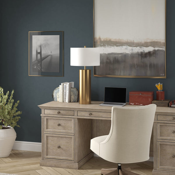 Mid-Century Modern Table Lamp with White Fabric Drum Shade