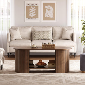 Oval Fluted Coffee Table with 2-Tier Storage