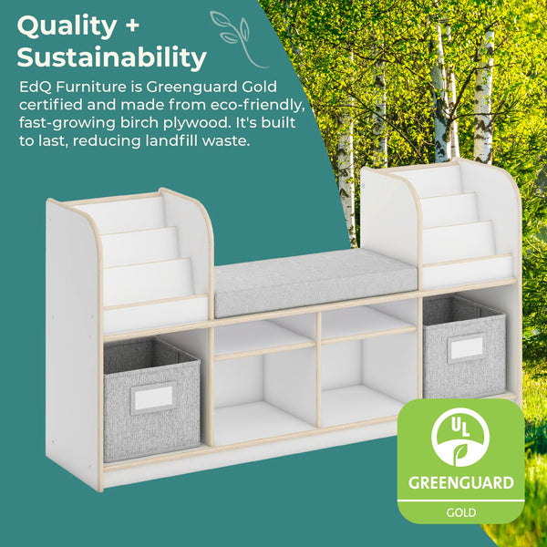 Kids Reading Nook Bookshelf Bench with Storage Bins, Shelves & Seat Cushion
