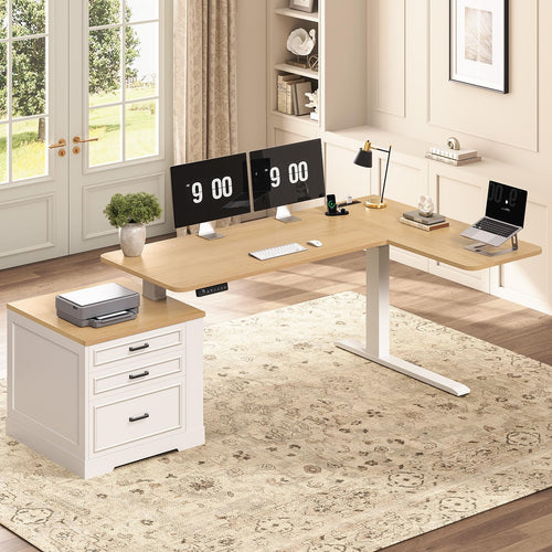 L-Shaped Electric Standing Desk with Drawers & Power Outlet