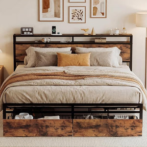 King Bed Frame with Storage Headboard, 2 Drawers & Charging Station