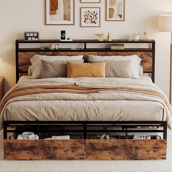 King Bed Frame with Storage Headboard, 2 Drawers & Charging Station