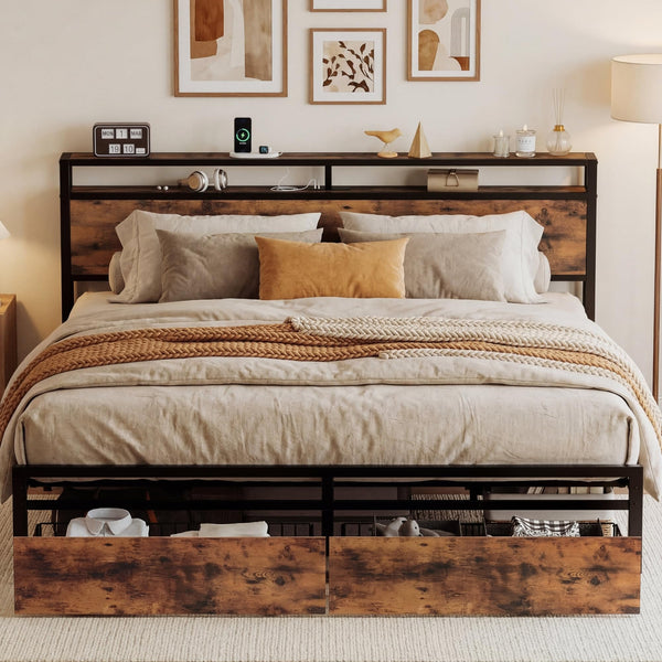 King Bed Frame with Storage Headboard, 2 Drawers & Charging Station