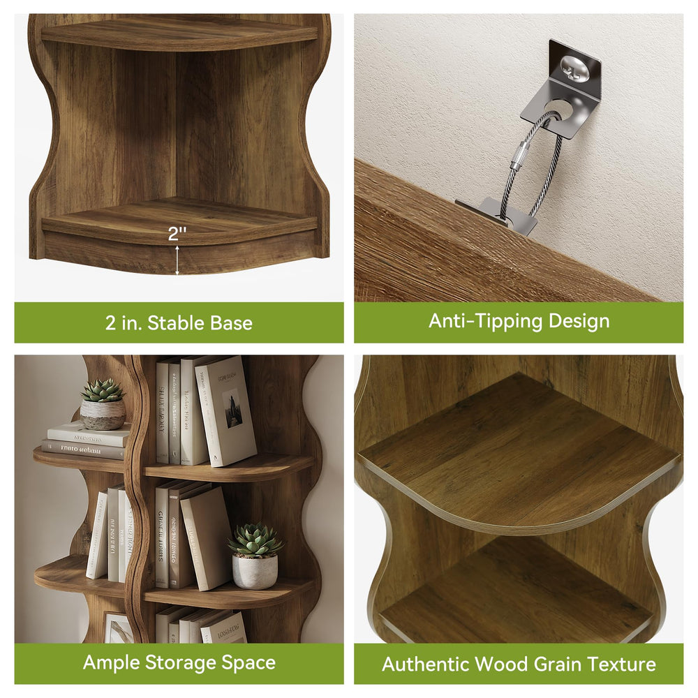 6-Tier Corner Bookshelf with Wave-Shaped Design, 71" Tall