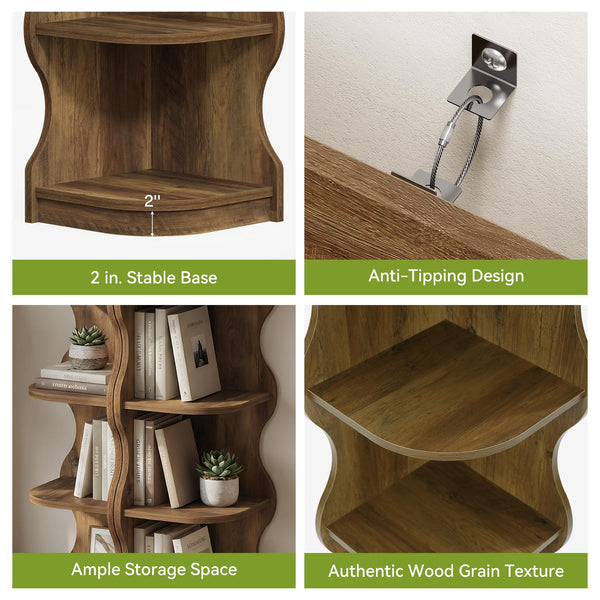 6-Tier Corner Bookshelf with Wave-Shaped Design, 71" Tall