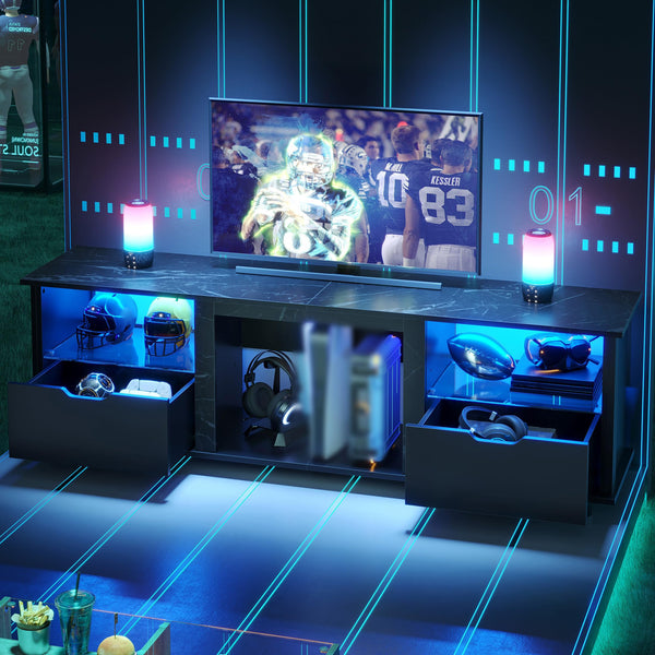 70" Gaming TV Stand with LED Lights, Drawers & Glass Shelves
