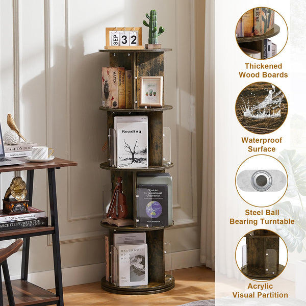 4-Tier Revolving Bookshelf Tower with Acrylic Window Partitions
