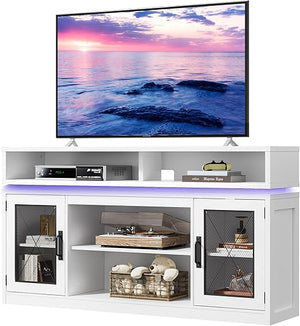 Farmhouse TV Stand with LED Lights & Storage Cabinets