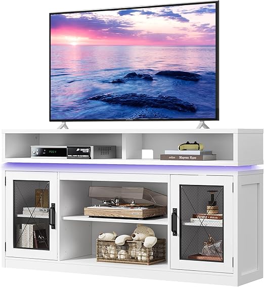 Farmhouse TV Stand with LED Lights & Storage Cabinets