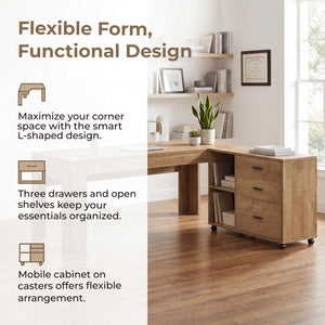 63" L-Shaped Office Desk with Drawers, Shelves & Rolling File Cabinet