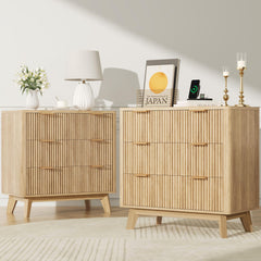 Fluted Nightstand Set of 2 with Charging Station & 3 Drawers