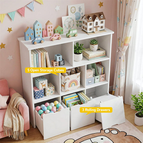 Kids Toy Storage Organizer with 3 Drawers & 5 Open Cubbies — Bookshelf Cabinet for Playroom & Nursery
