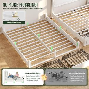 Farmhouse King Bed Frame with Storage Drawers & Headboard, White