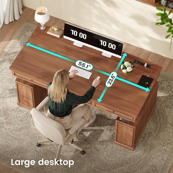 Farmhouse Electric Height-Adjustable Standing Desk with Drawers & Power Outlets