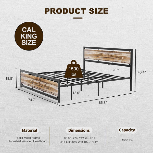 California King Metal Platform Bed Frame with Wooden Headboard – Industrial Style