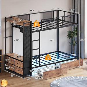 Twin Over Twin Bunk Bed with Storage Drawers, LED Lights & Charging Station