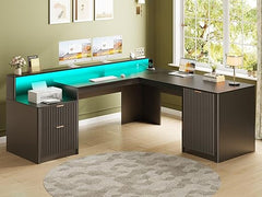 L-Shaped Executive Desk with Drawers, File Cabinet & Monitor Stand