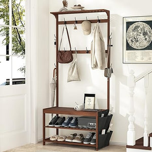 Bamboo Hall Tree with Bench, Shoe Storage & 14 Coat Hooks
