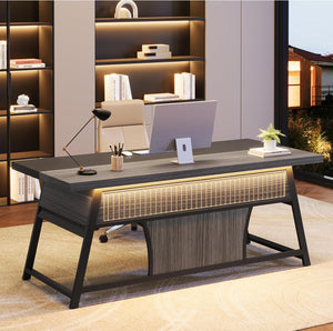 63-Inch Double Desk with LED Light & Storage Shelf