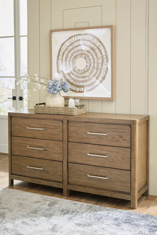 6-Drawer Bedroom Dresser – Hardwood & Hickory Veneer, Light Brown