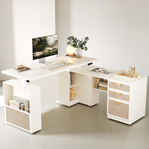 63" L-Shaped Electric Standing Desk with File Cabinet