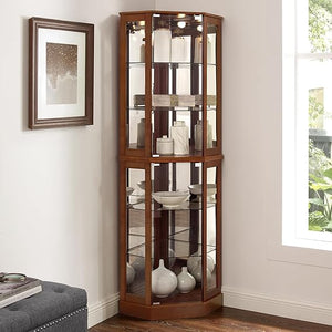 Lighted Corner Curio Cabinet with Glass Doors & Adjustable Shelves