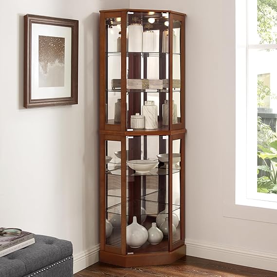 Lighted Corner Curio Cabinet with Glass Doors & Adjustable Shelves