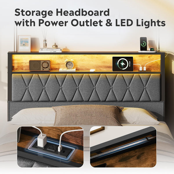 Platform Bed Frame with Storage Drawers & LED Lights