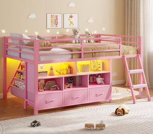 Twin Low Loft Bed with Storage Drawers, Bookshelf & LED Lights