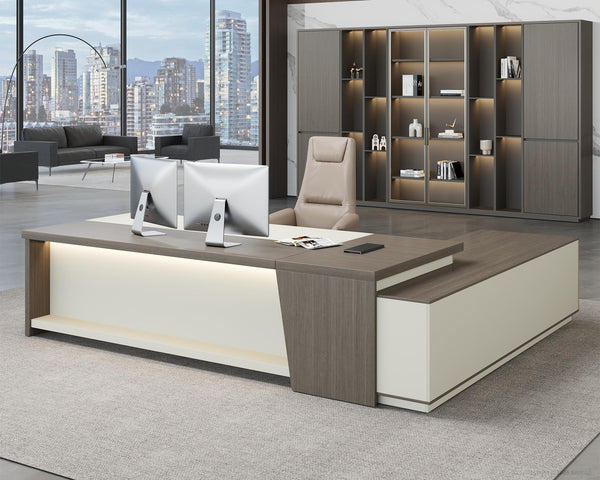 L-Shaped Executive Desk with Drawers & LED Lighting