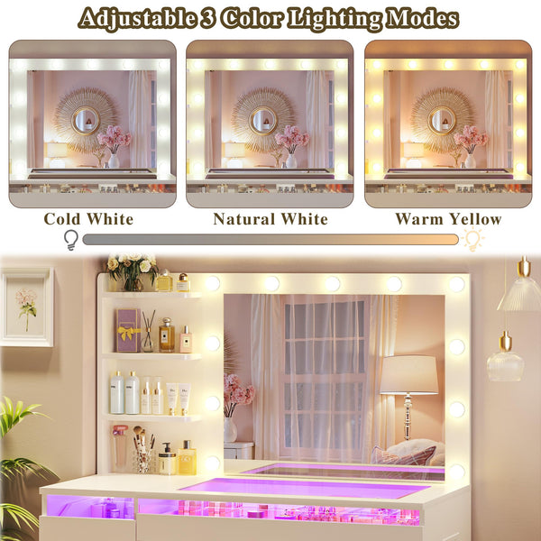 LED Vanity Desk with Lighted Mirror, Acrylic Drawers & Built-In Power Outlet