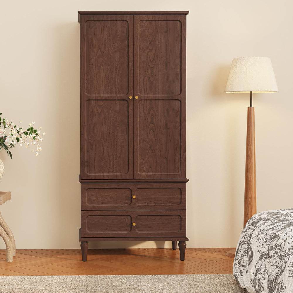 Mid-Century Modern Wardrobe Armoire with Doors, Drawers & Hanging Rod